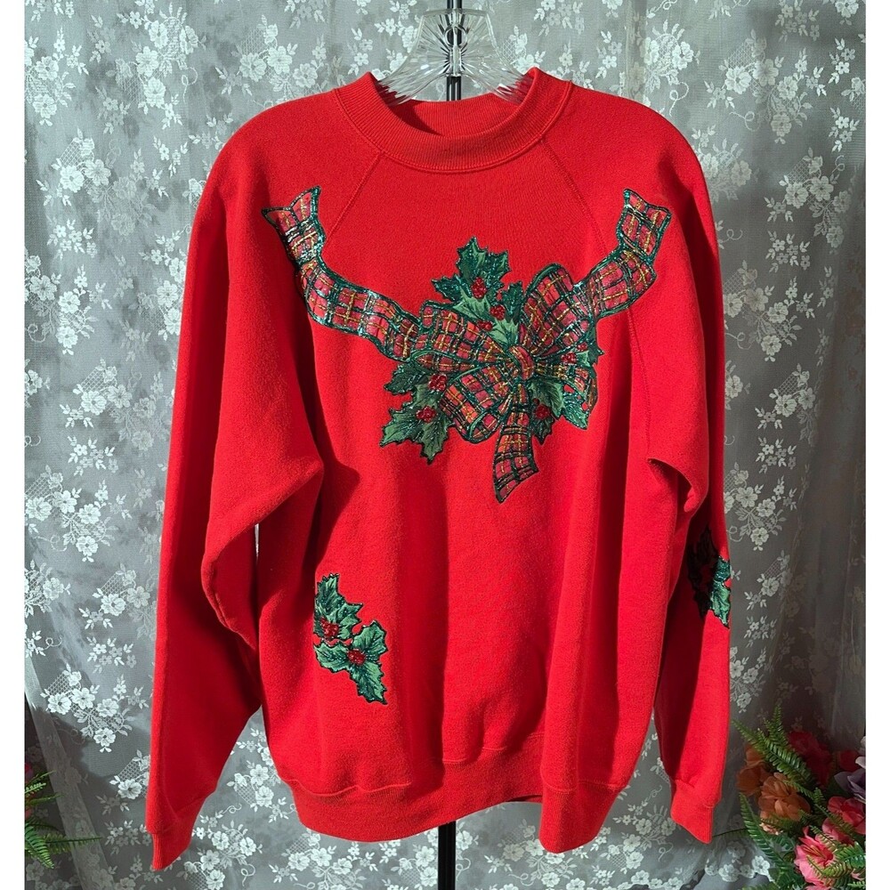 Vintage 80s Christmas Sweatshirt Size XL 1980s Retro Holly Holidays Glitter Cozy